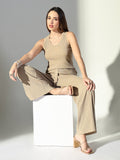 Women's Ribbed Beige Tank Top with Pants Co-Ords Set