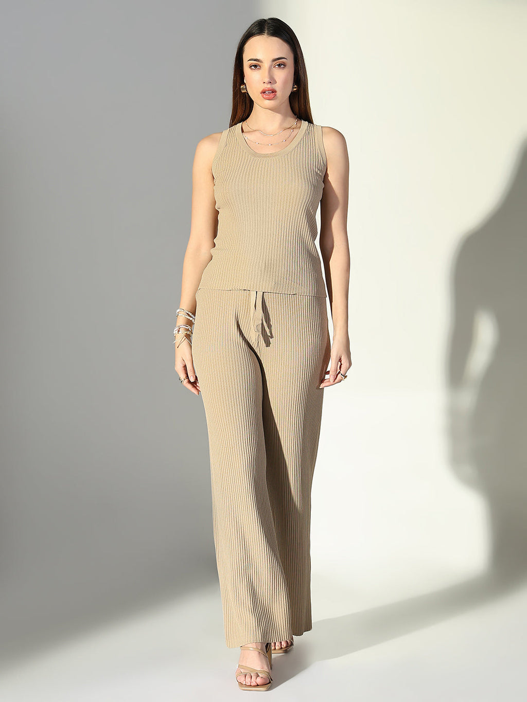 Women's Ribbed Beige Tank Top with Pants Co-Ords Set