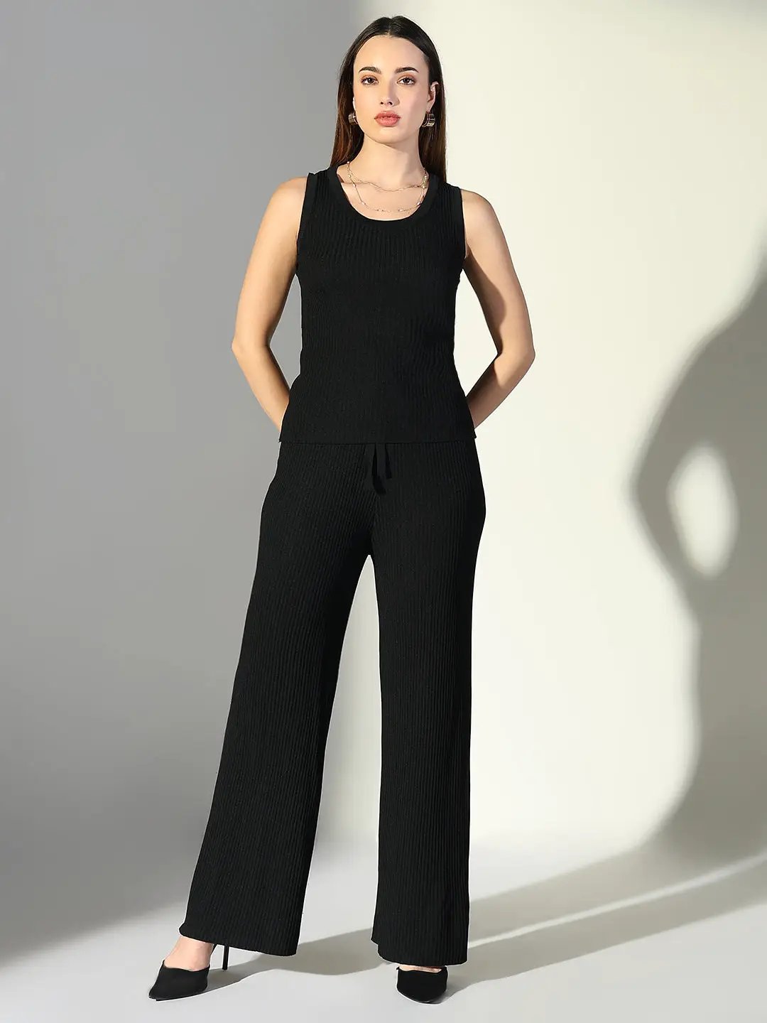 Women's Ribbed Black Tank Top with Pants Co-Ords Set