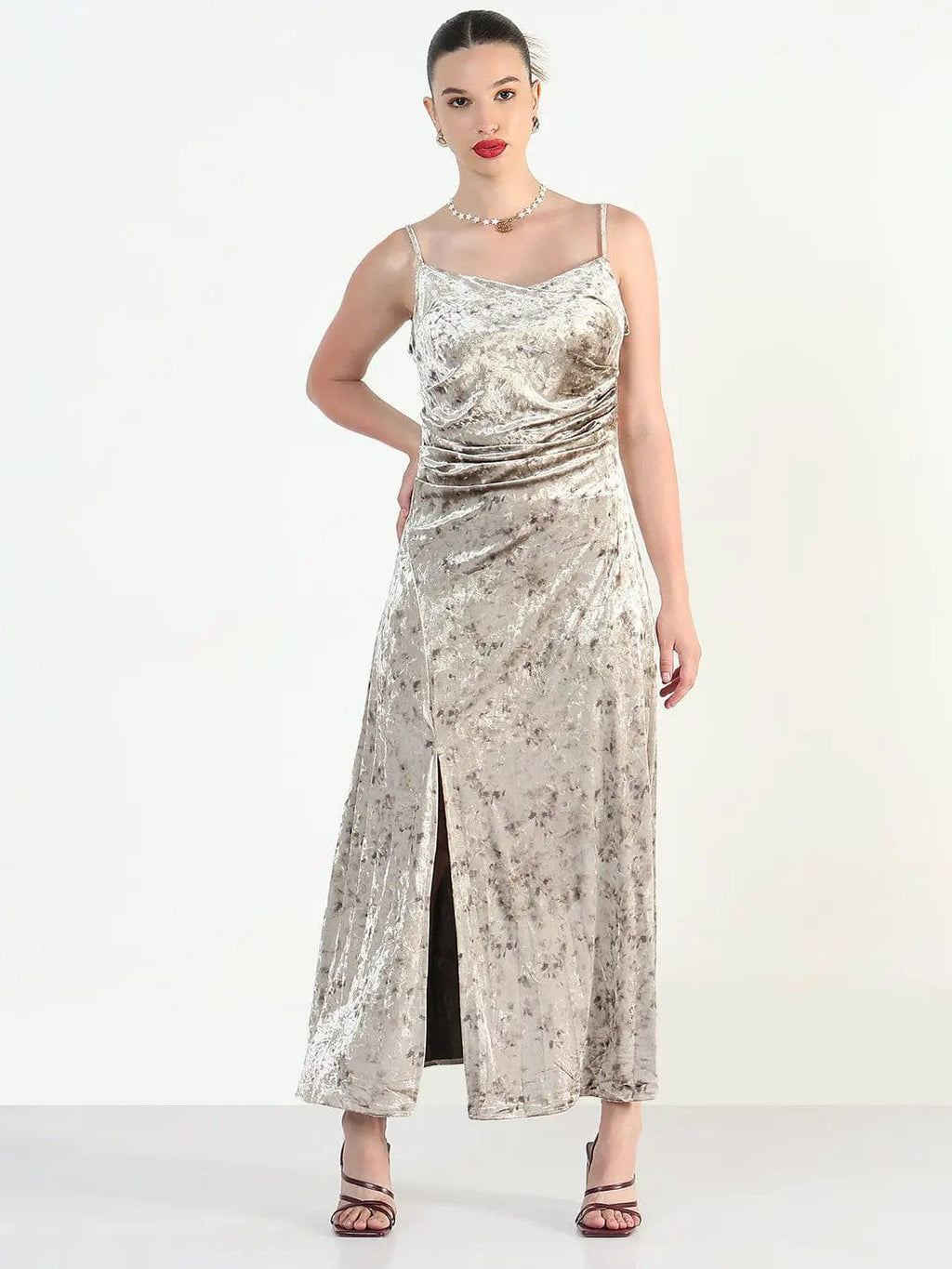 Women's Beige Velvet Sleeveless Cami Slip Dress with Side slit
