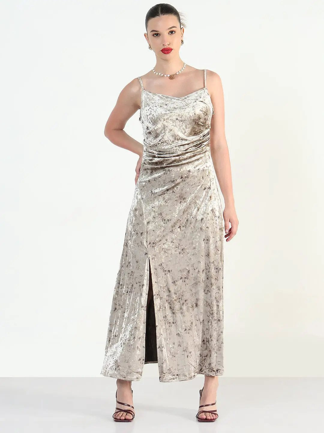 Women's Beige Velvet Sleeveless Cami Slip Dress with Side slit