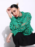 Women's Embroidered Green High Neck Lace Top with Cut Out Detail