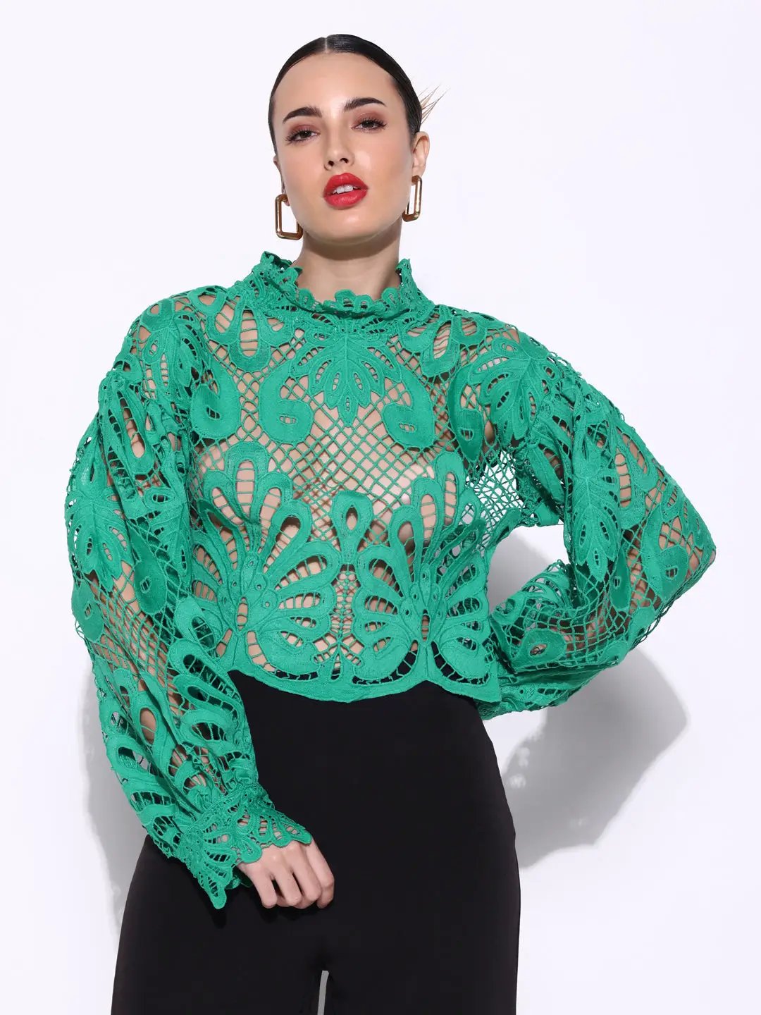Women's Embroidered Green High Neck Lace Top with Cut Out Detail