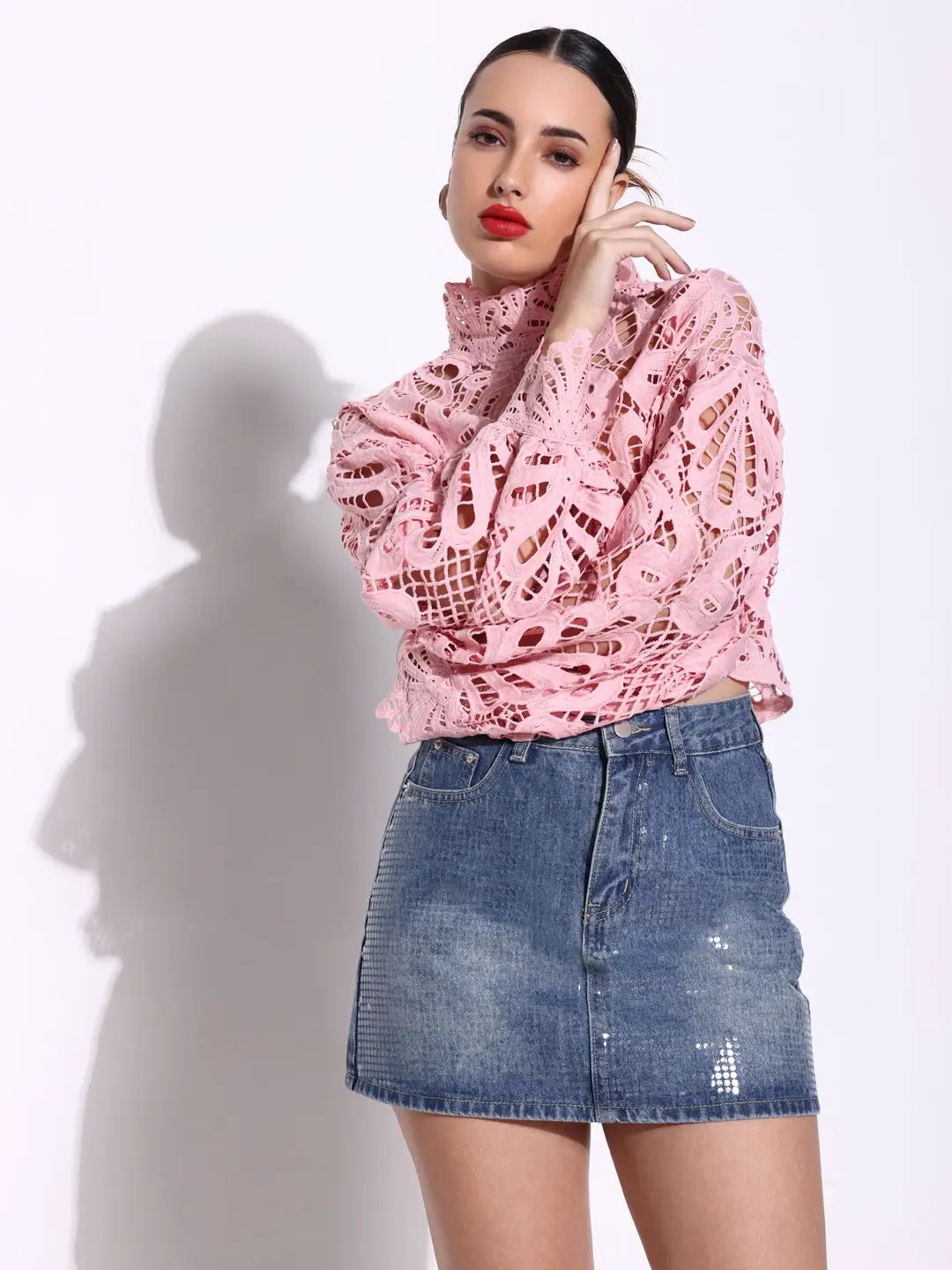 Women's Embroidered Peach High Neck Lace Top with Cut Out Detail