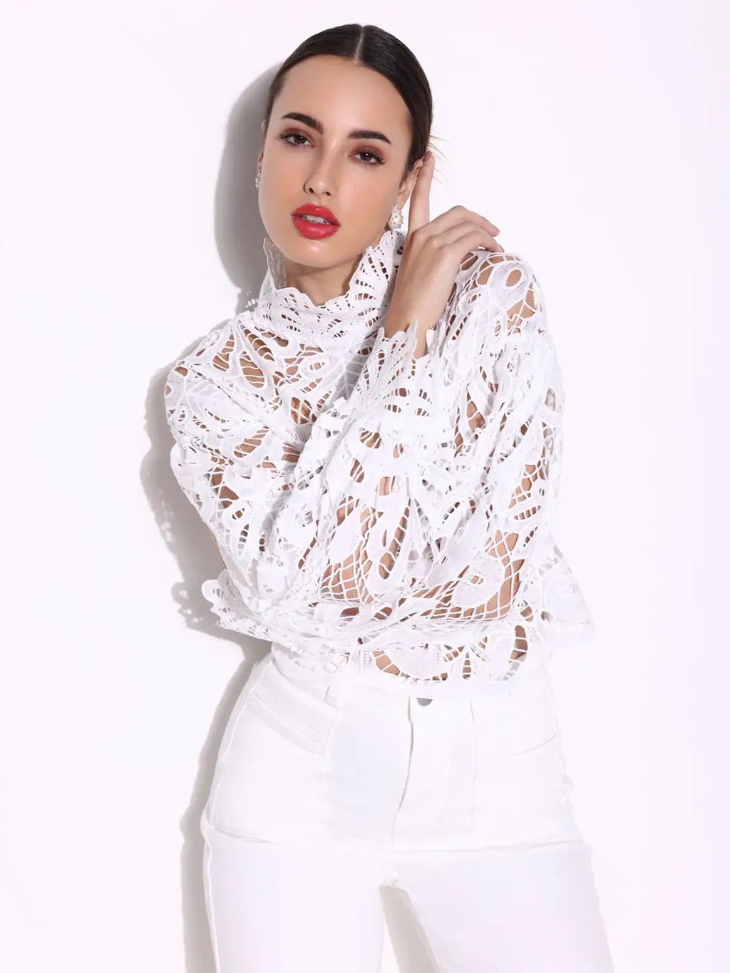 Women's Embroidered White High Neck Lace Top with Cut Out Detail