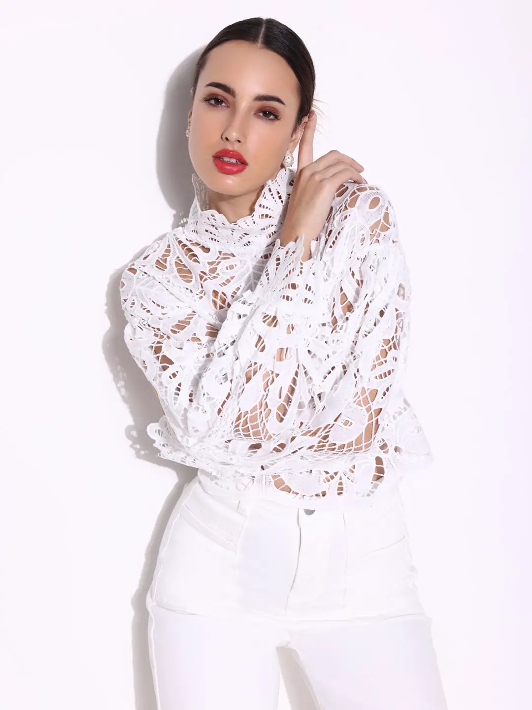 Women's Embroidered White High Neck Lace Top with Cut Out Detail