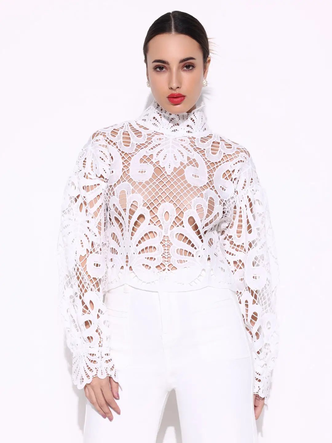 Women's Embroidered White High Neck Lace Top with Cut Out Detail