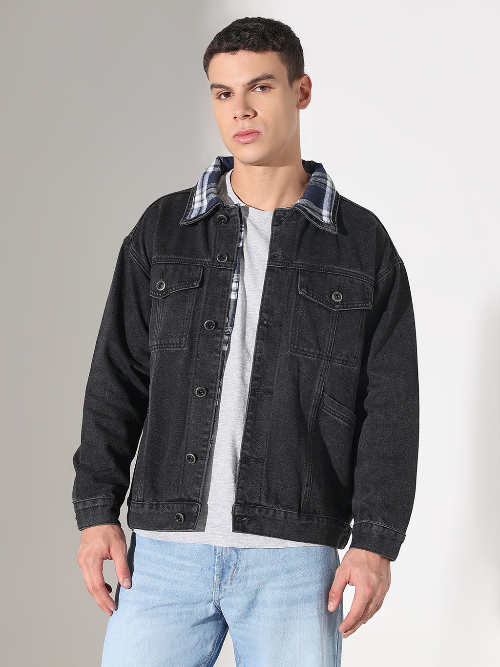 Men's Black Denim Oversized Jacket with Contrast Collar
