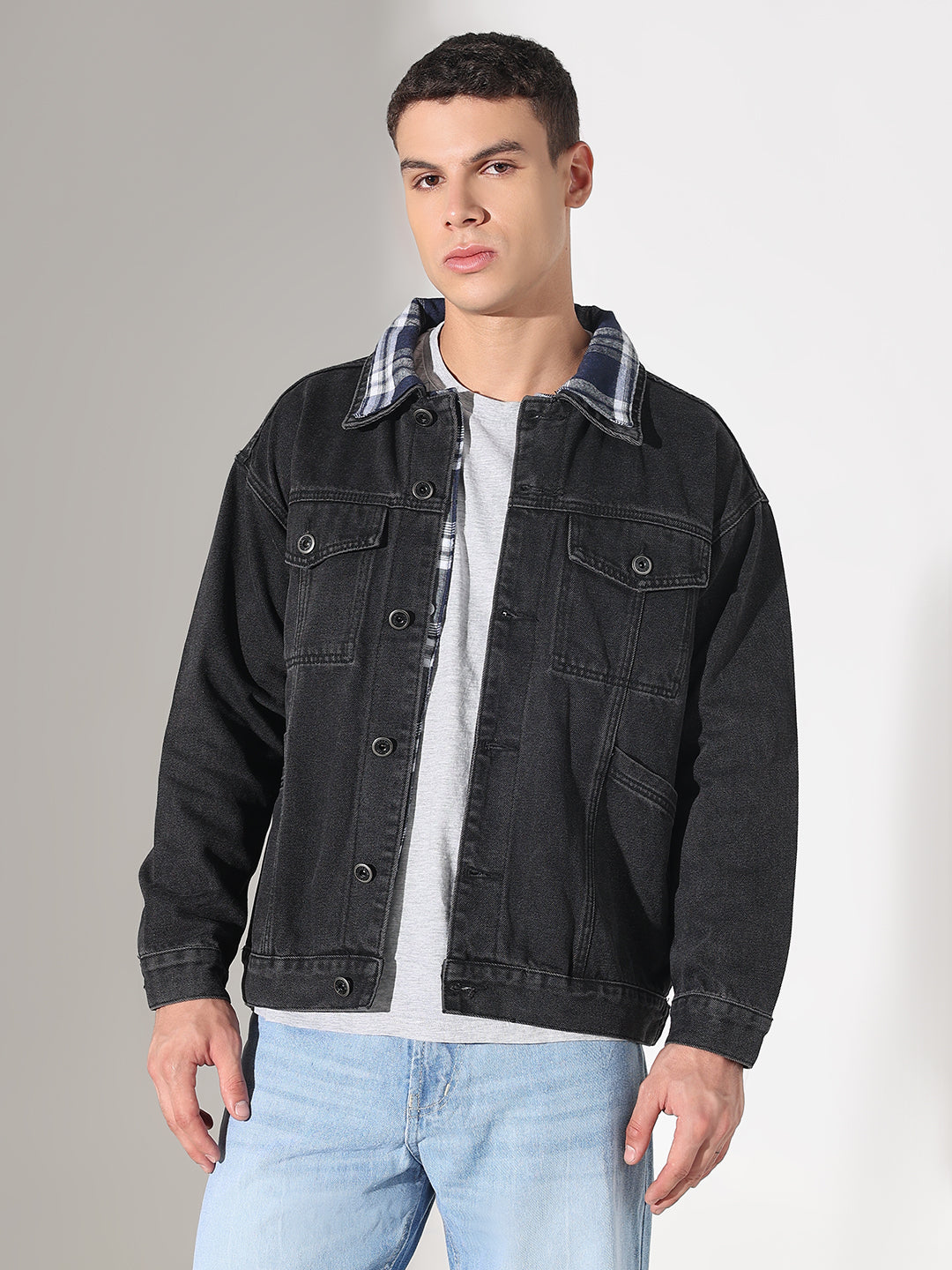 Men's Black Denim Oversized Jacket with Contrast Collar
