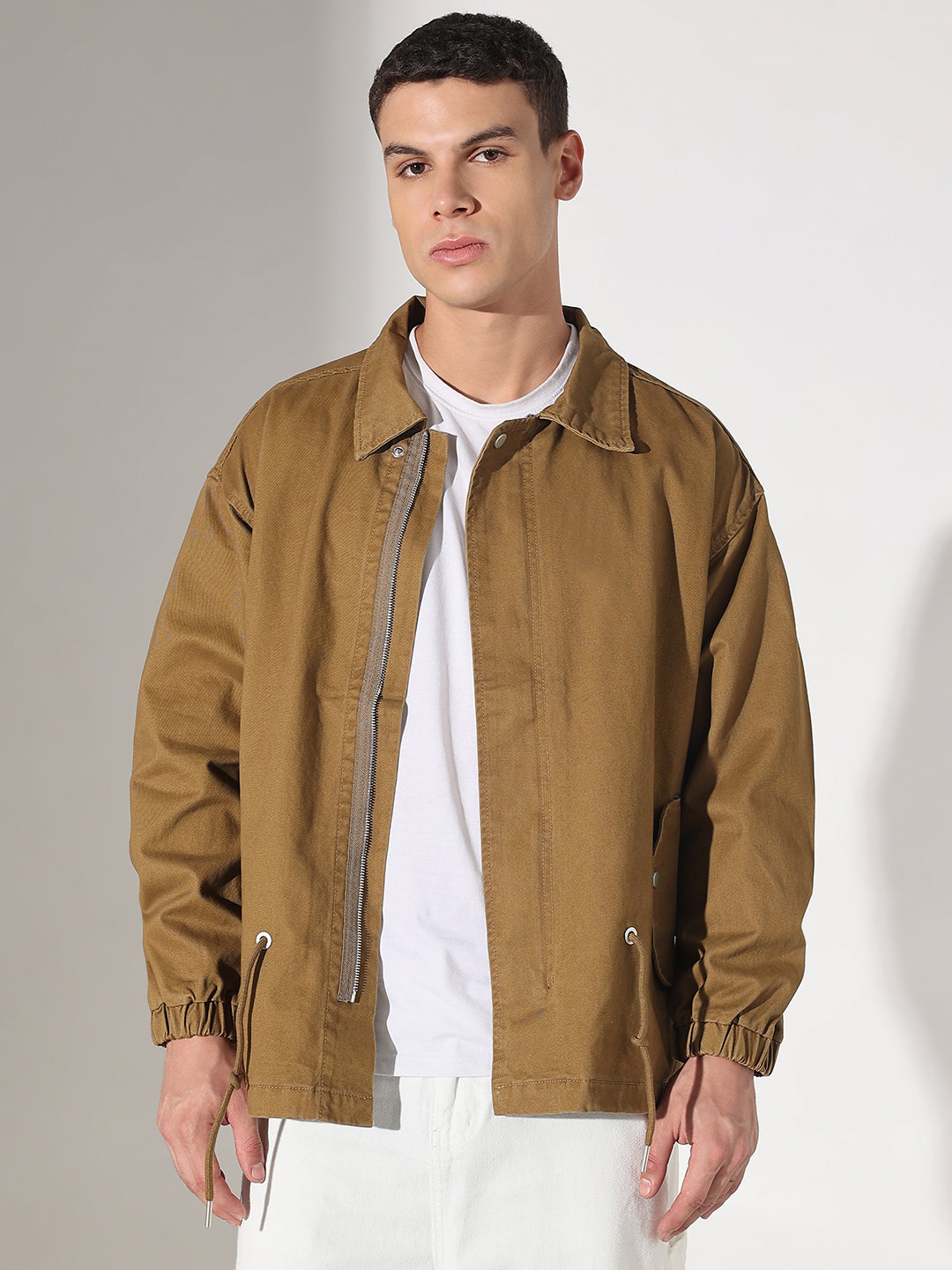 Men's Solid Khaki Denim Zip-Up Jacket