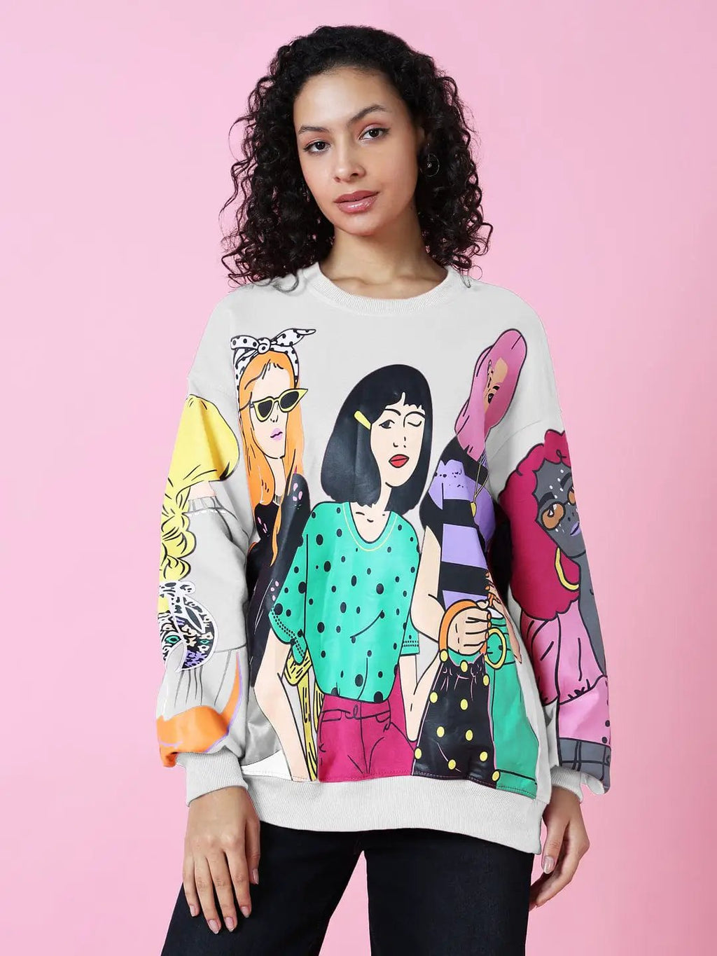 Women's Pop Art Print Pink Oversized Sweatshirt