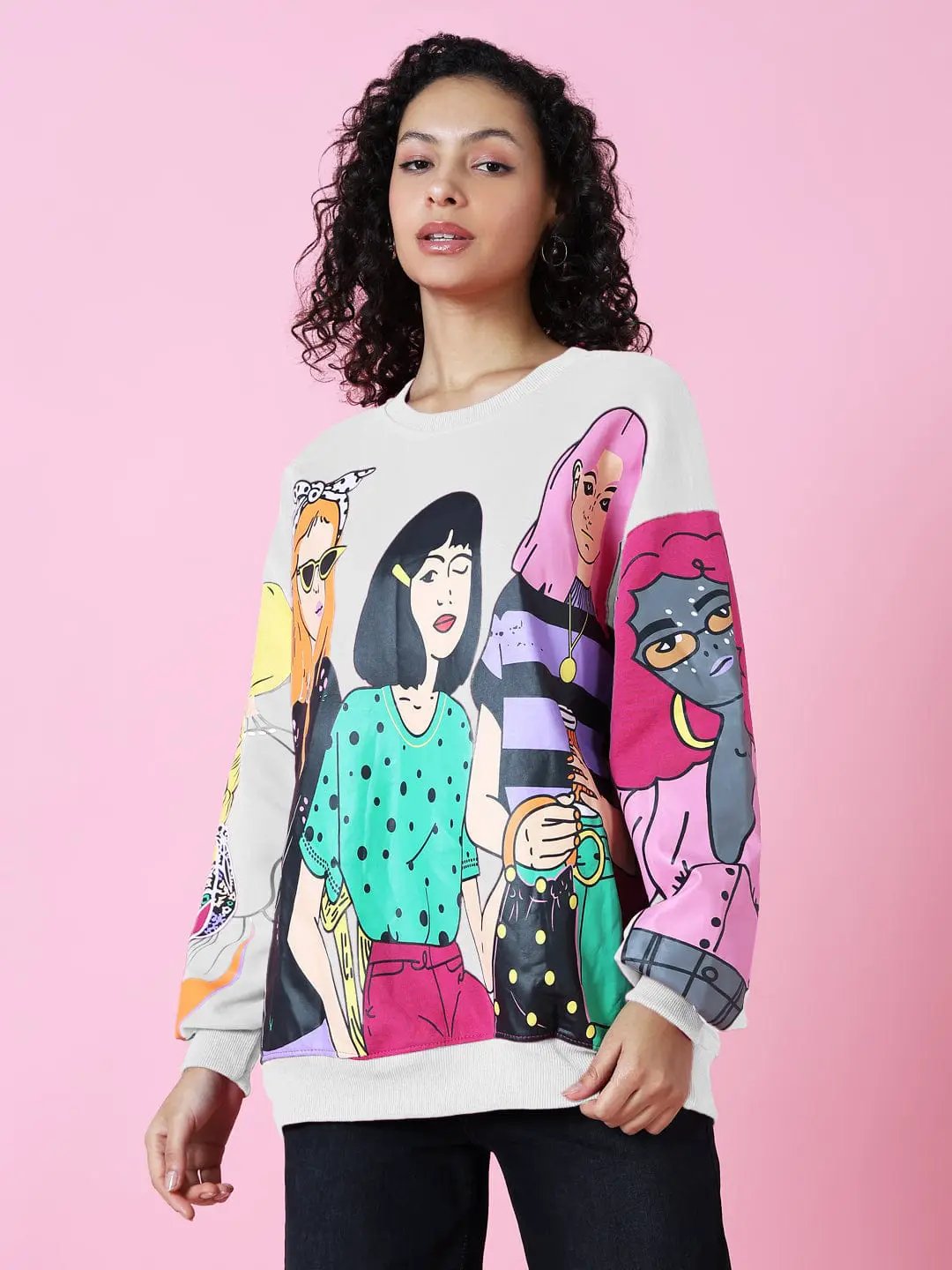 Women's Pop Art Print Pink Oversized Sweatshirt
