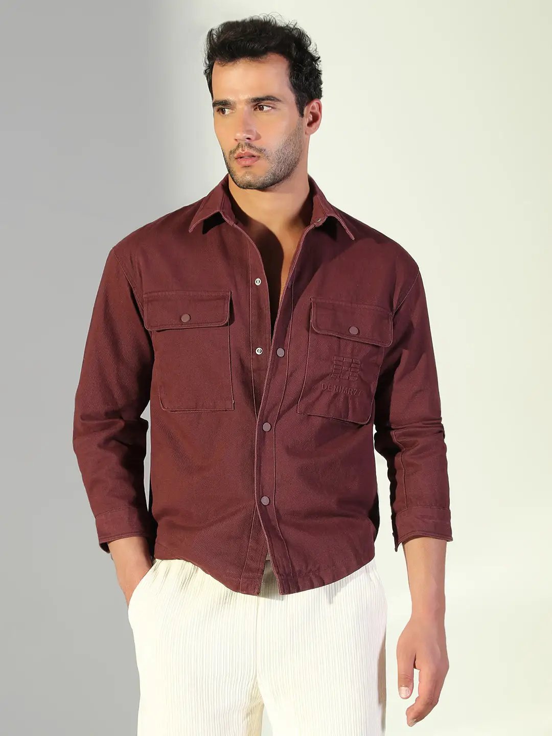 Men's Solid Maroon Shacket with Pockets
