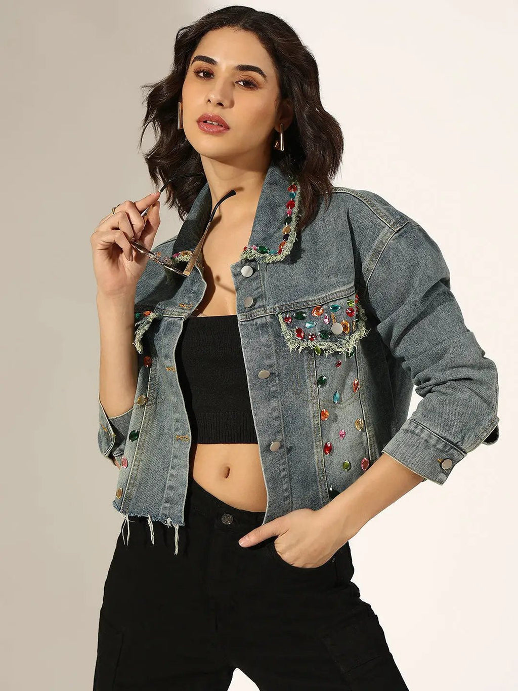 Women's Embellished Blue Denim Cropped Jacket with Frayed Hem