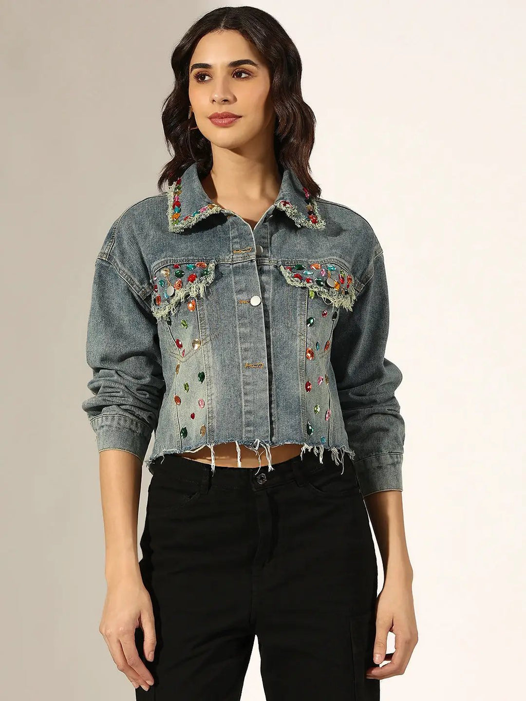 Women's Embellished Blue Denim Cropped Jacket with Frayed Hem