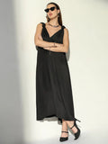 Women's Black Knot Strap V-Neck A-Line Midi Dress