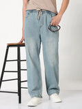 Men's Blue Washed Straight Fit Drawstring Jeans