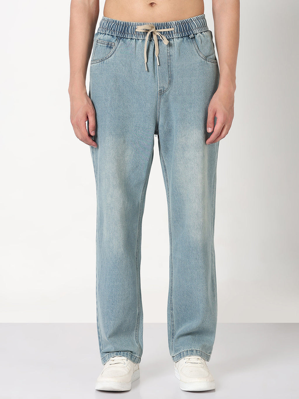 Men's Blue Washed Straight Fit Drawstring Jeans