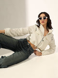 Women's White Front-Zip Cropped Utility Jacket with Shoulder Zip Detail