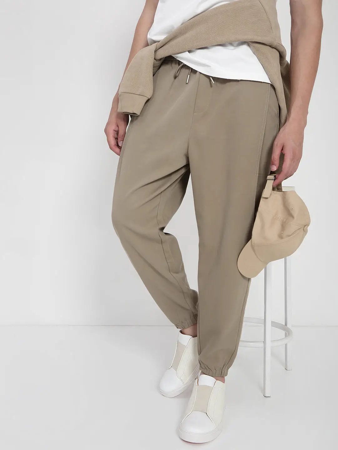 Men's Cotton Beige Relaxed Fit Joggers