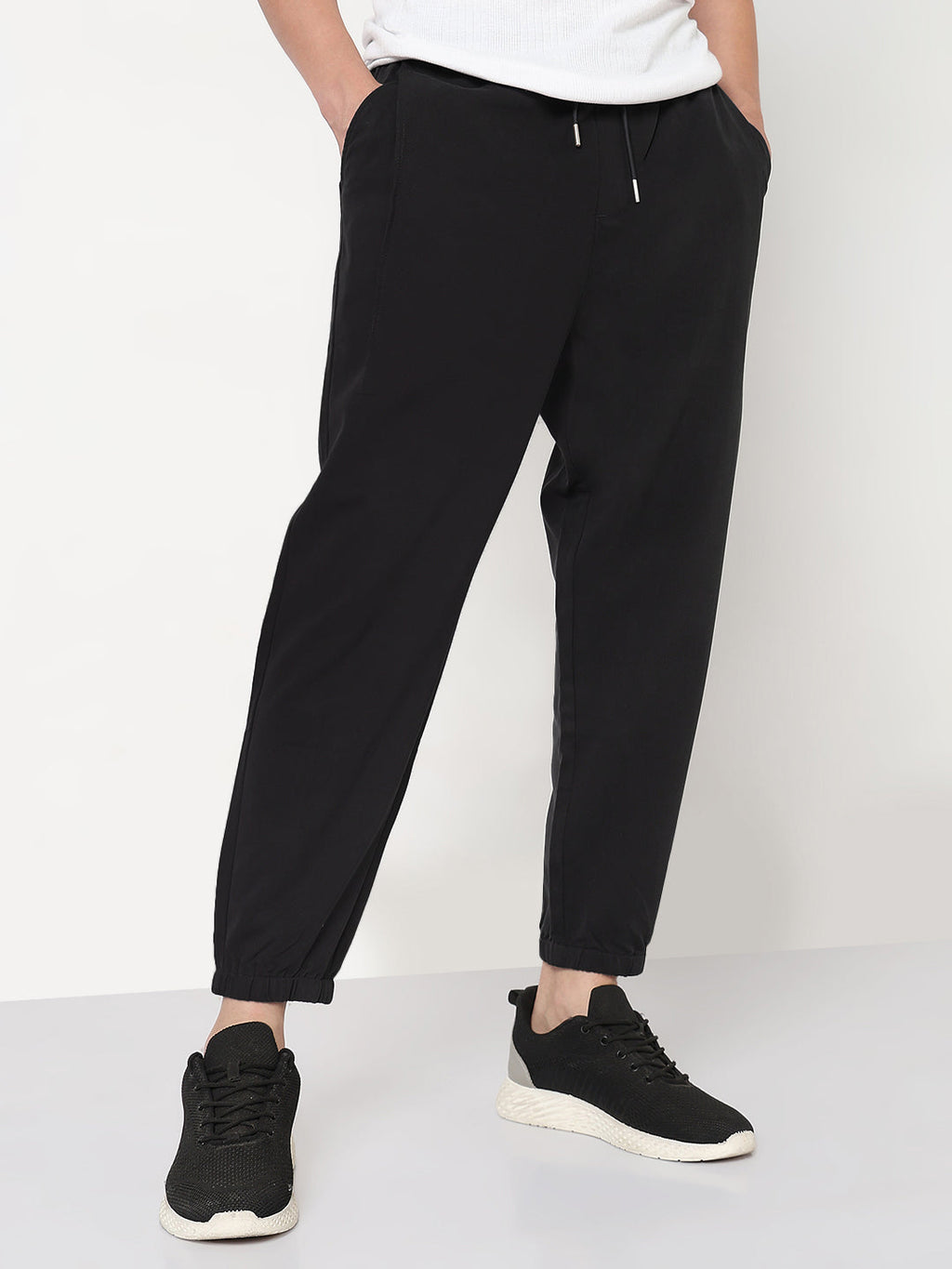 Men's Black Regular Fit Joggers with Elasticated Drawstring Waist