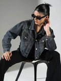 Women's Embellished Navy Blue Crop Denim Jacket with Studs