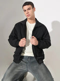 Men's Solid Black Puffer Jacket with Utility Pockets