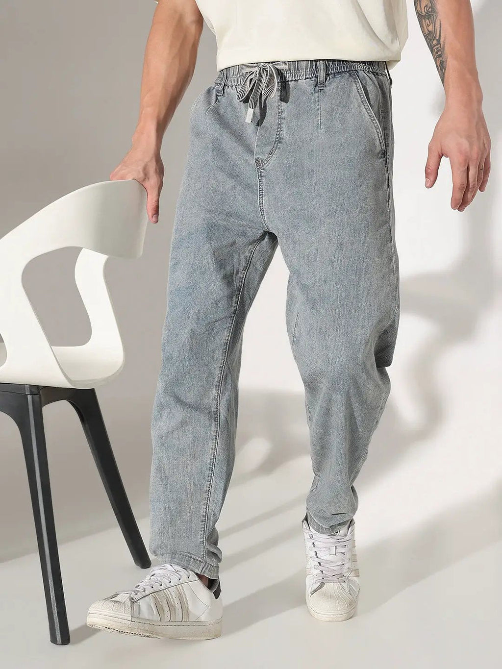 Men's Blue Straight Fit Elasticated Waist with Drawstring Jeans