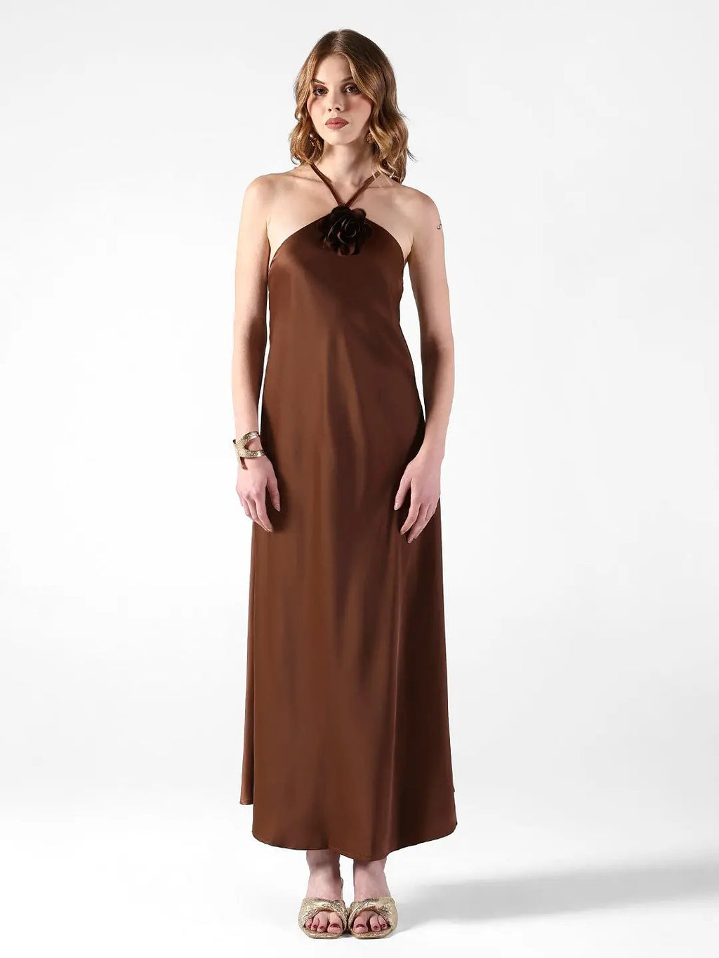 Women's Brown Tie-Up Neck Maxi Dress with Floral Applique Detail