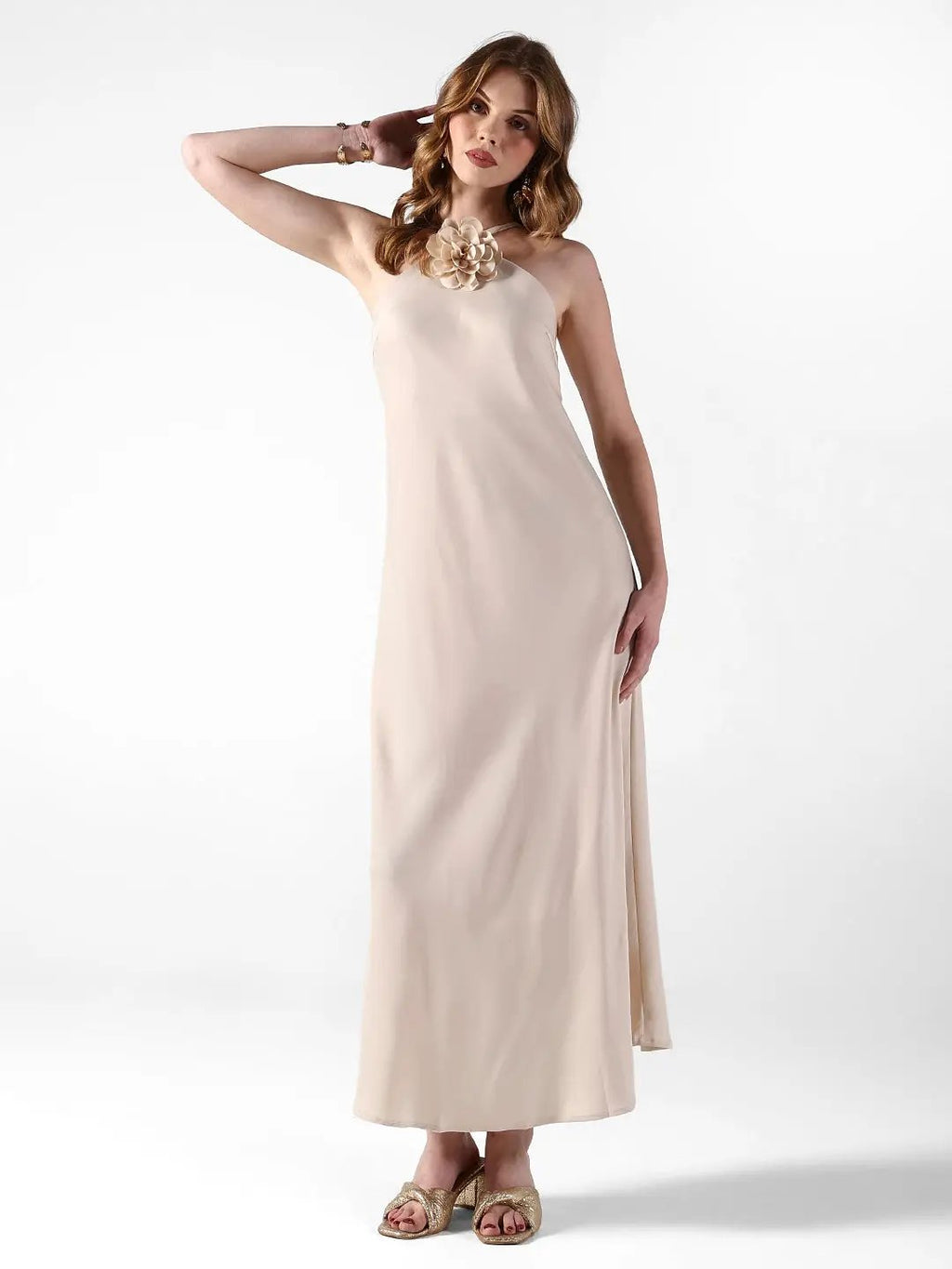 Women's Cream Tie-Up Neck Maxi Dress with Floral Applique Detail