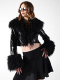 Women's Textured Black Cropped Jacket with Faux Fur Detail