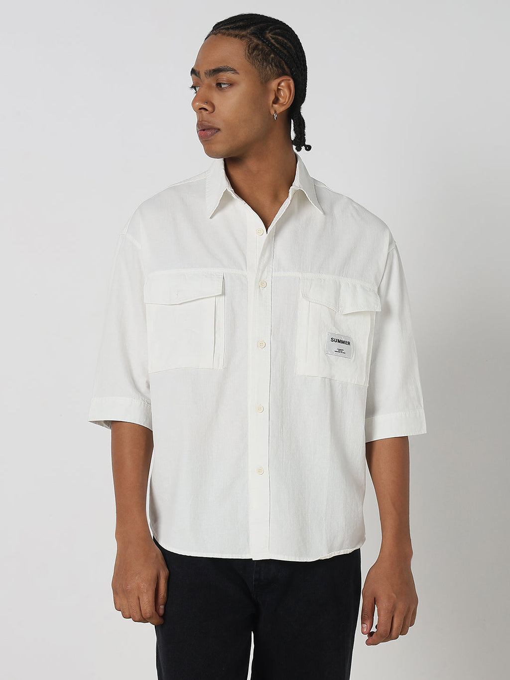 Men's White Solid Regular Sleeve Oversized Shirt
