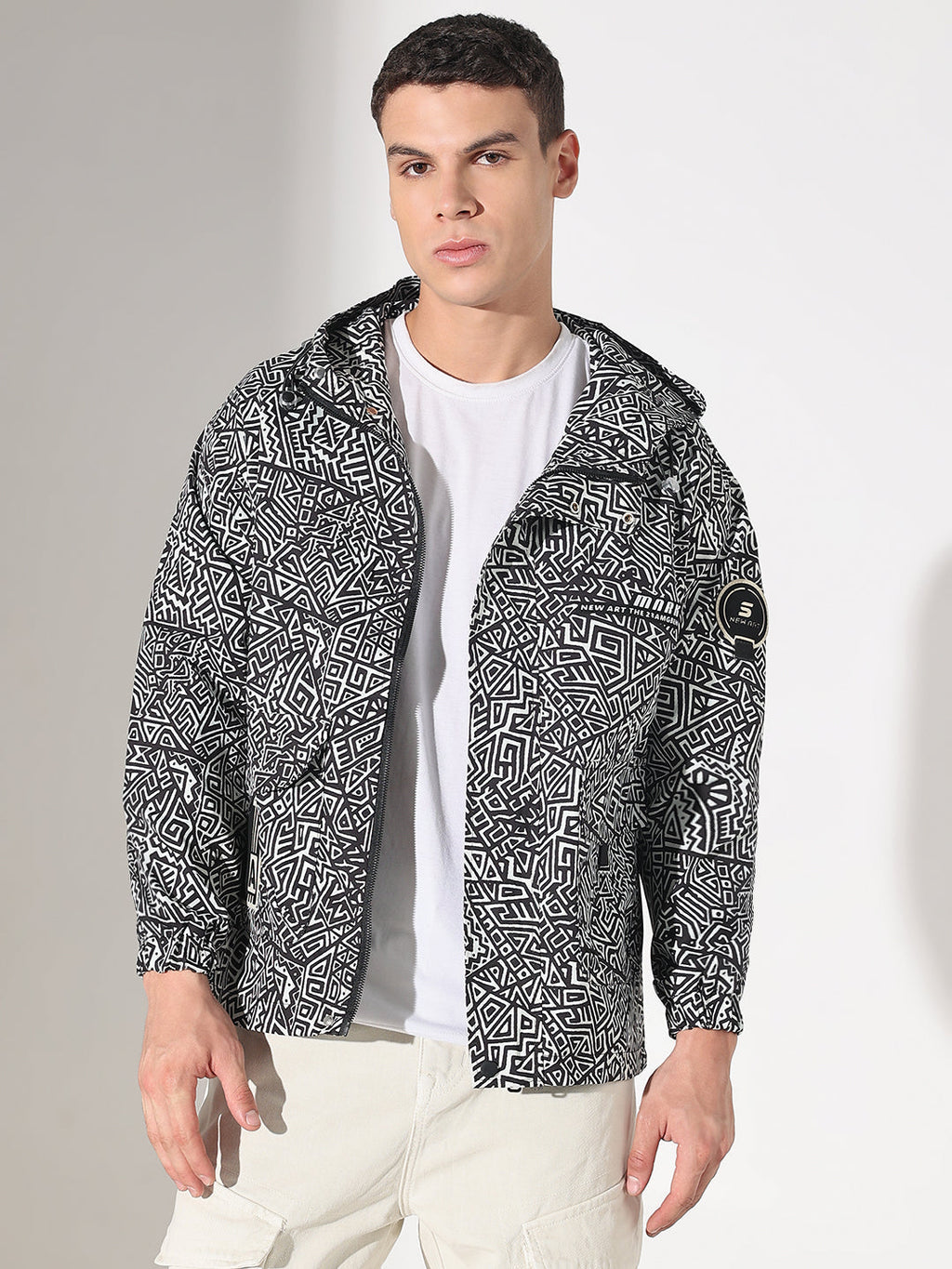 Men's Abstract Black Hooded Zipper Jacket