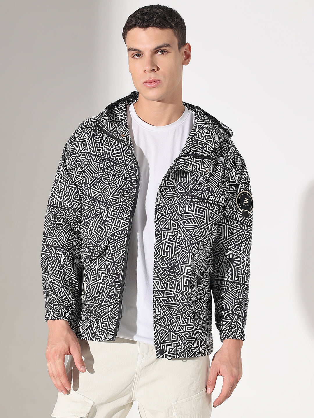 Men's Abstract Black Hooded Zipper Jacket