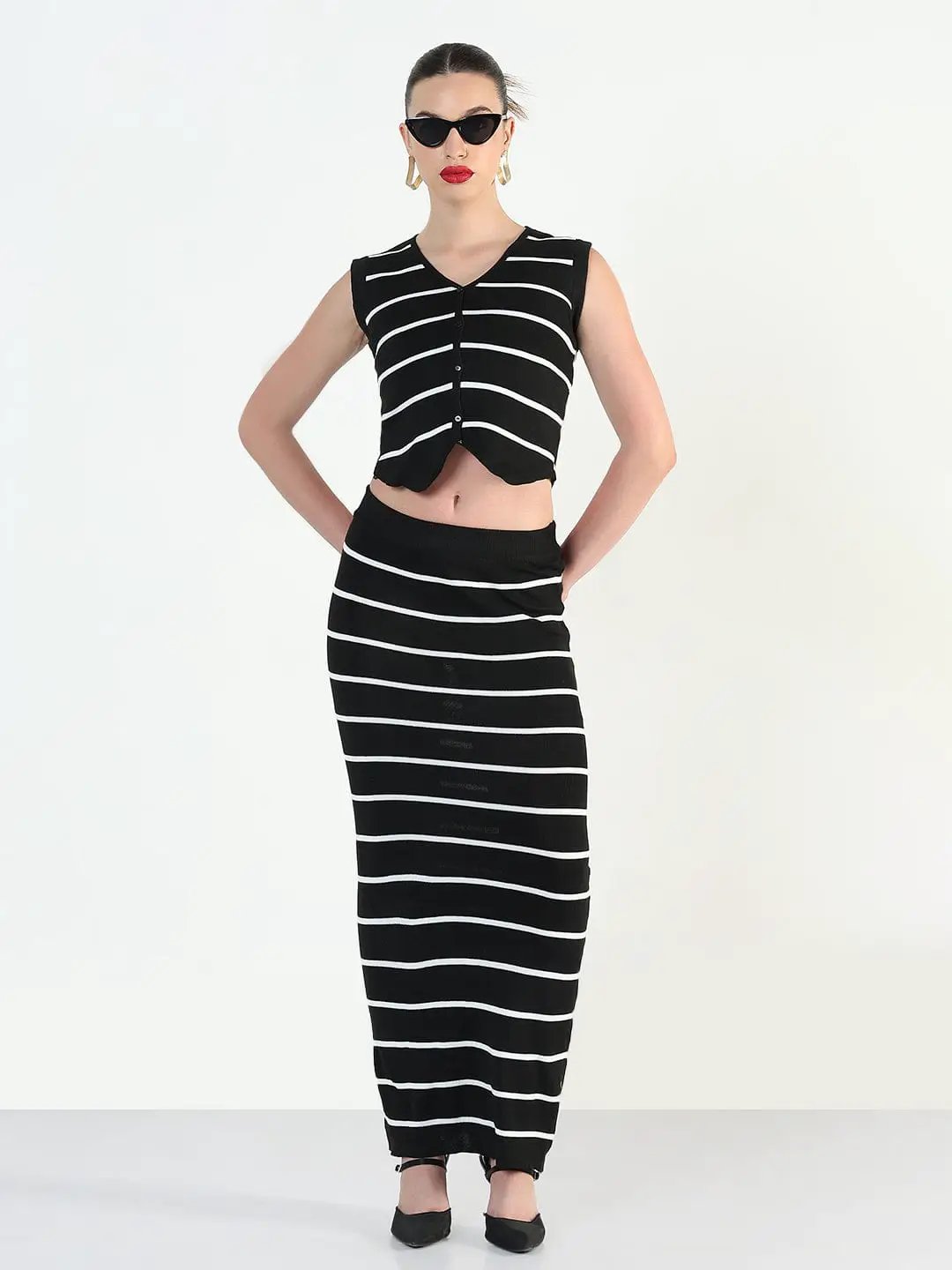 Women's Striped Black Vest Top with Skirt Co-Ords Set