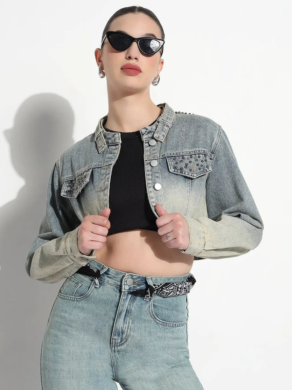 Women's Ombre Blue Mandarin Collar Crop Denim Jacket with Asymmetric Hem