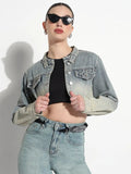 Women's Ombre Blue Mandarin Collar Crop Denim Jacket with Asymmetric Hem