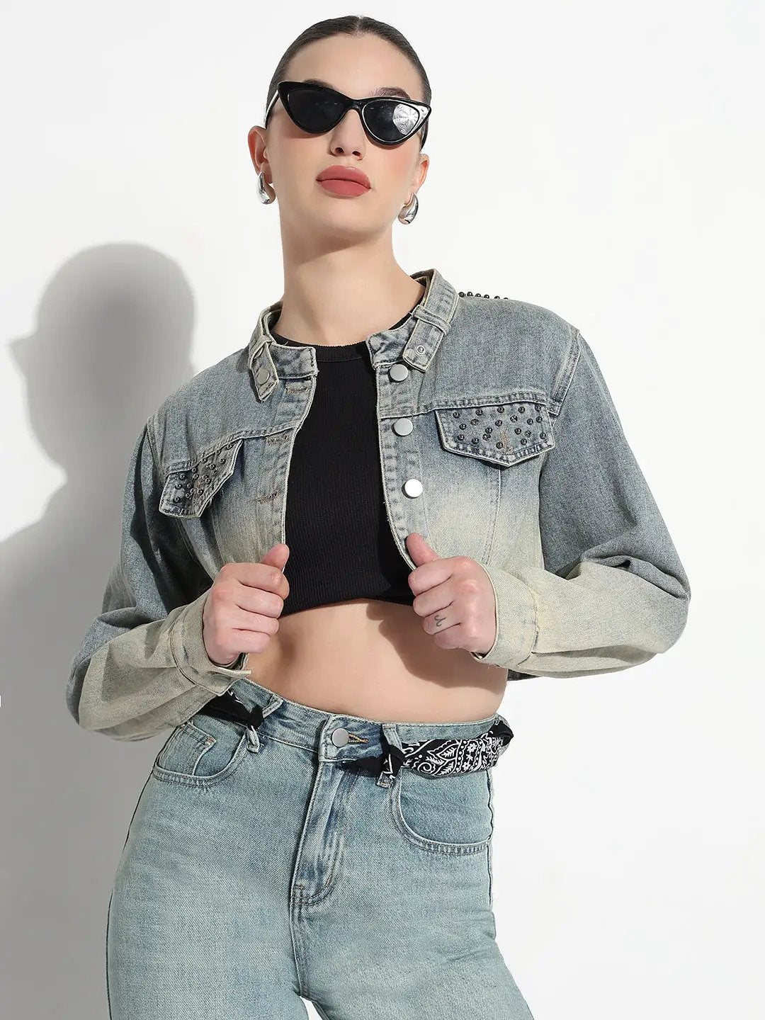 Women's Ombre Blue Mandarin Collar Crop Denim Jacket with Asymmetric Hem