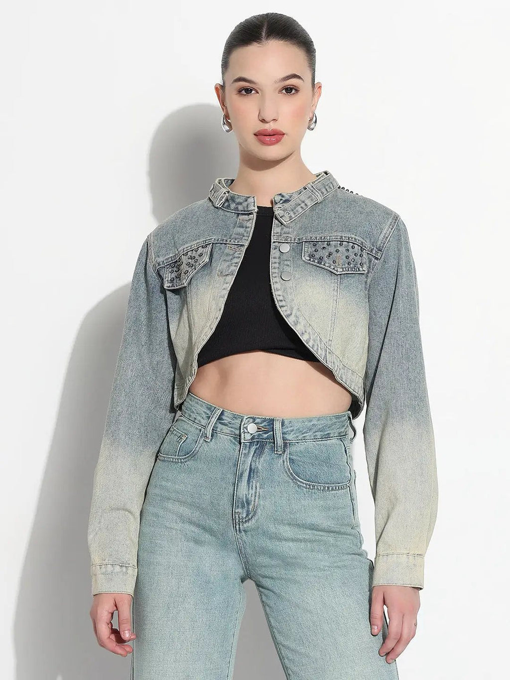 Women's Ombre Blue Mandarin Collar Crop Denim Jacket with Asymmetric Hem