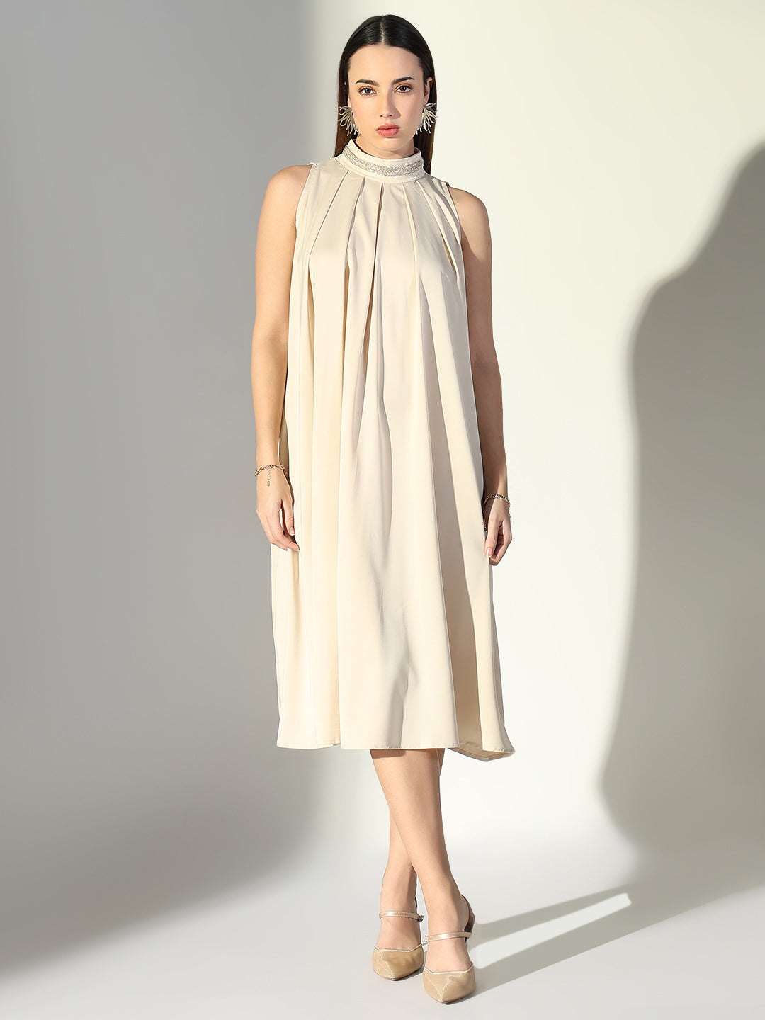 Women's Embellished Neck Beige Pleated Midi Dress