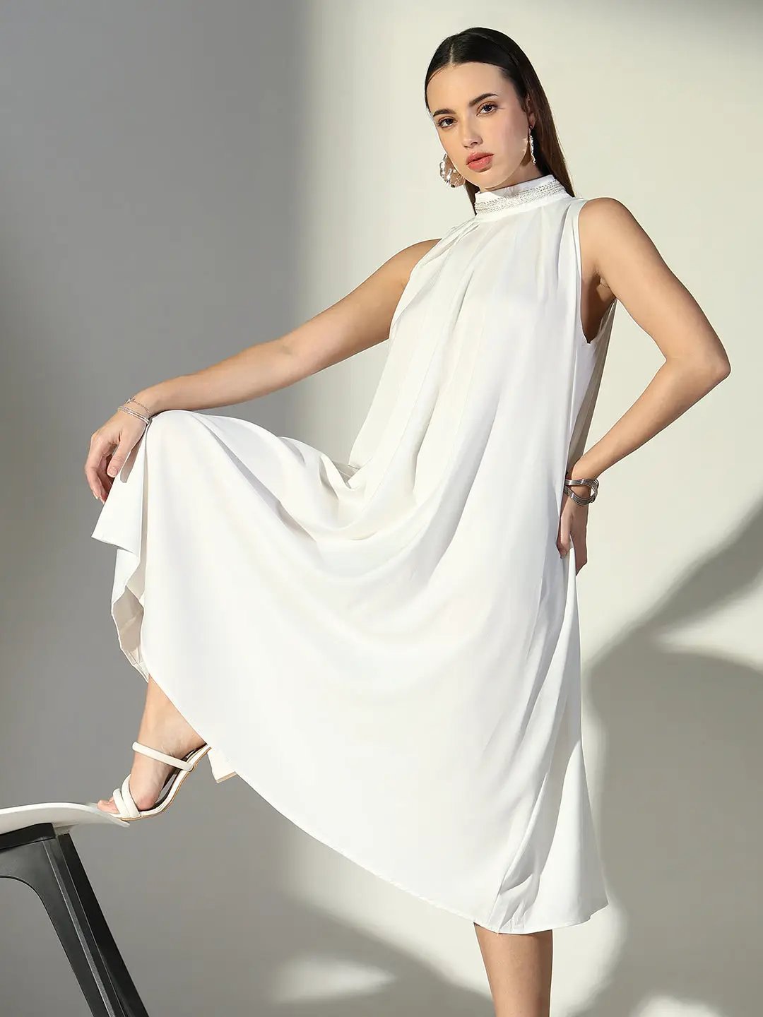 Women's Embellished Neck White Pleated Midi Dress