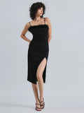 Women's Black Feather Trim Bodycon Midi Dress with Side Slit