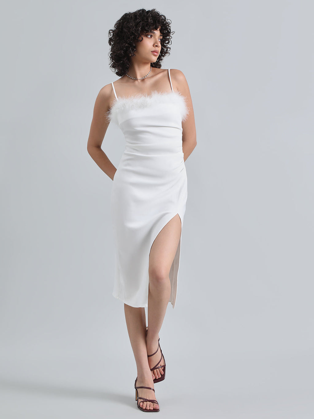 Women's White Feather Trim Bodycon Midi Dress with Side Slit