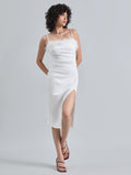 Women's White Feather Trim Bodycon Midi Dress with Side Slit