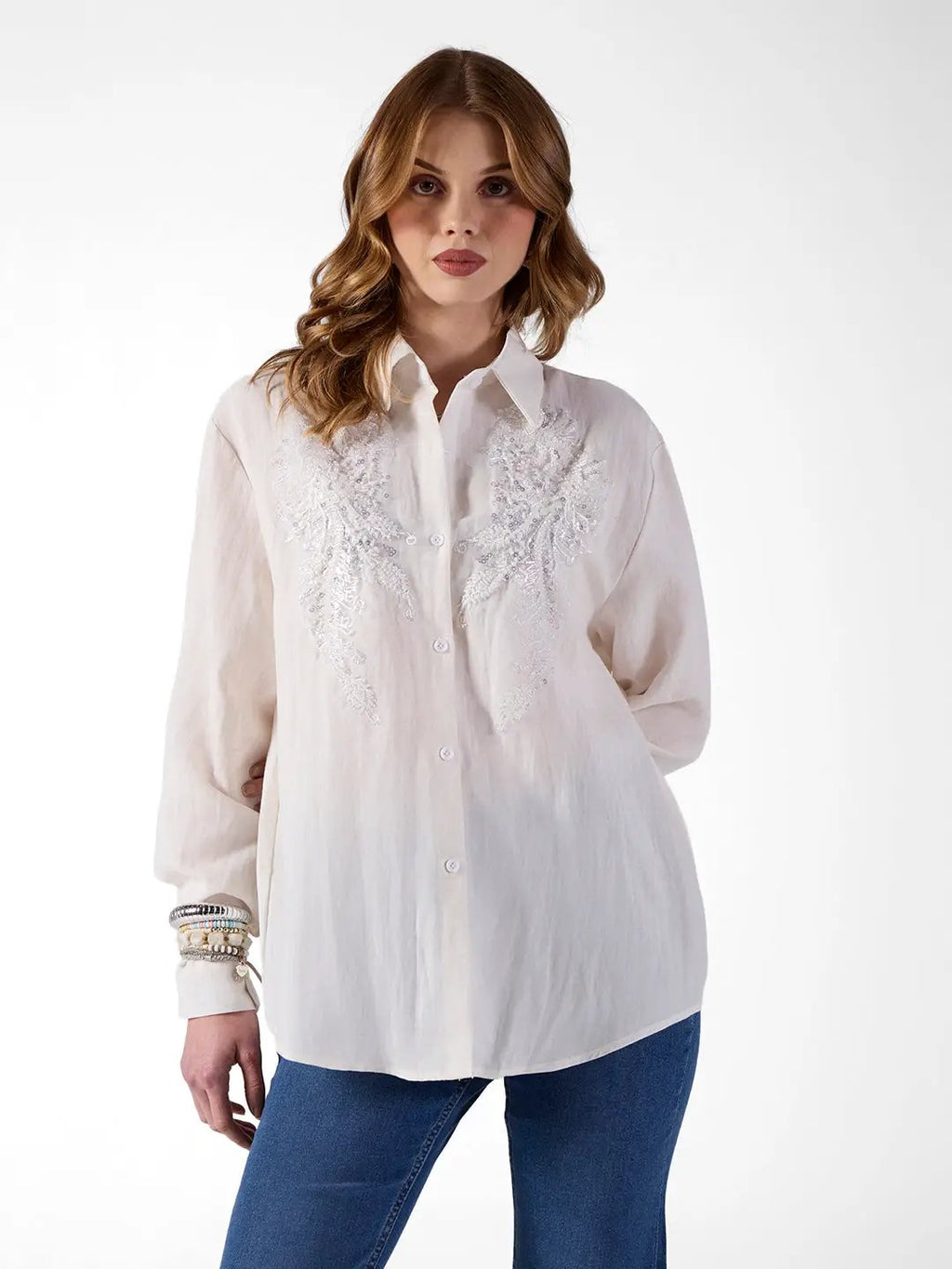 Women's Embellished White Shirt with Sequin Floral Detail