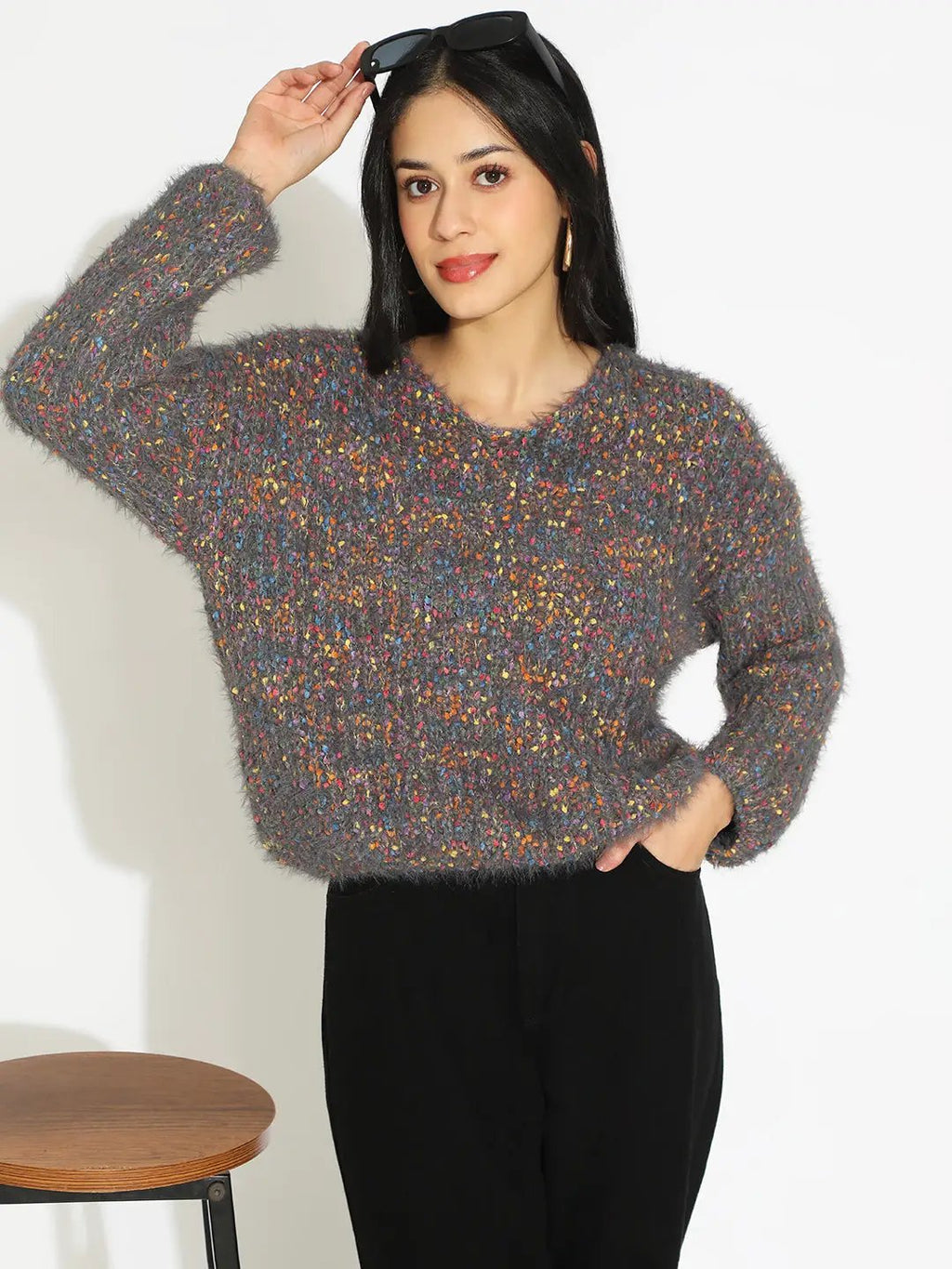 Women's Textured Grey Fuzzy Knit Pullover Sweater