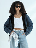 Women's Panel Blue and White Cropped Denim Hoodie Jacket