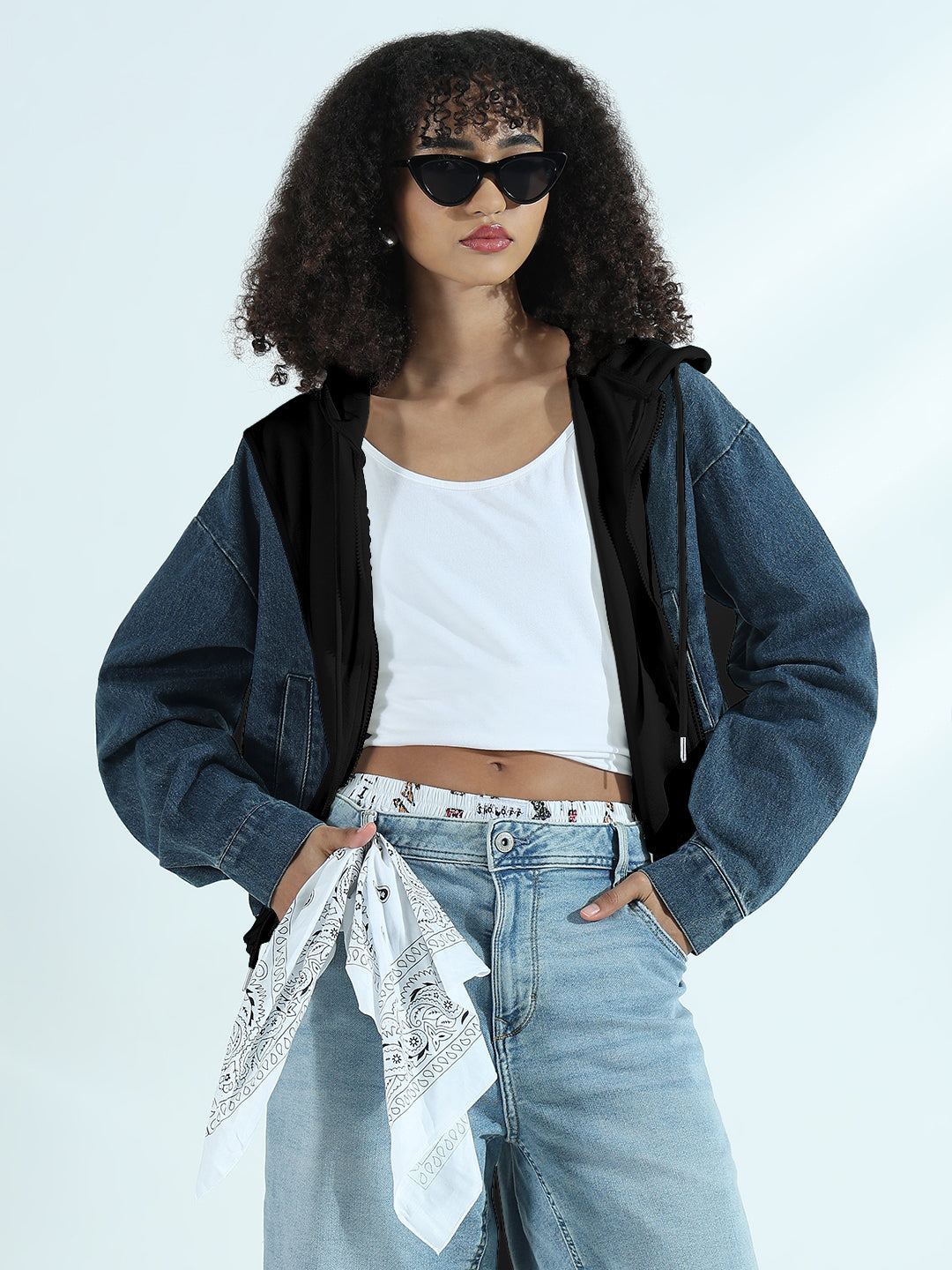 Women's Panel Blue and White Cropped Denim Hoodie Jacket