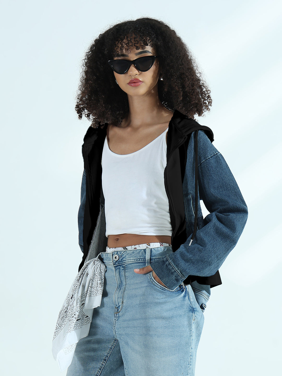 Women's Panel Blue and White Cropped Denim Hoodie Jacket
