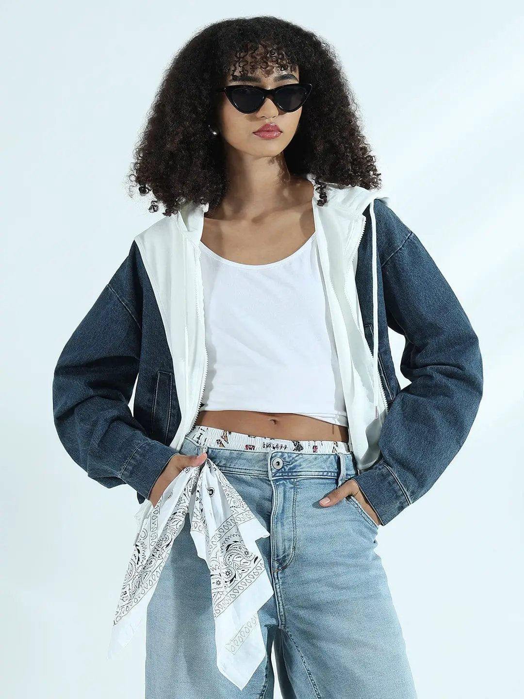 Women's White and Denim Zip-Up Hoodie Jacket